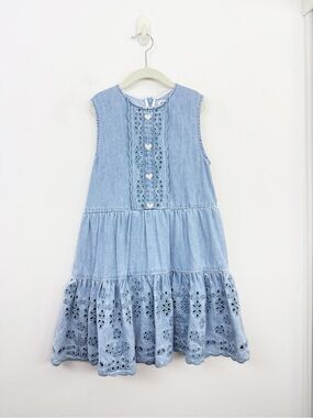 Self-Portrait Girls Eyelet Embroidered Denim Mini Dress Blue Size 8-10 UK